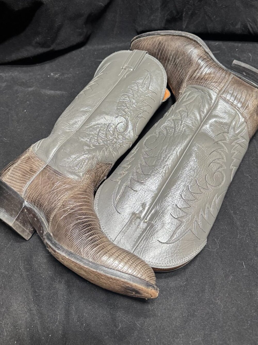 Vintage Nocona Men's Teju Lizard Exotic Cowboy Boots Grey Brown Stitched Size 8D